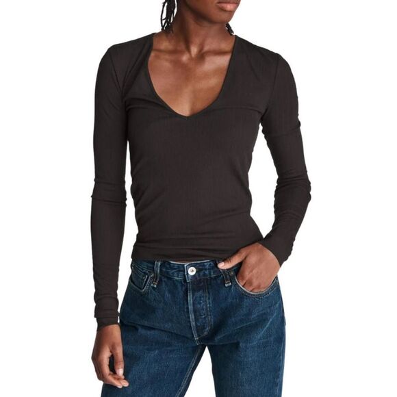 NWT Rag & Bone Zoe Deep V-Neck Rib Long Sleeve Top In Black - Picture 1 of 7